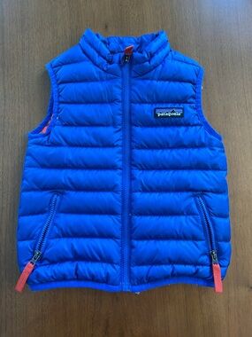 Patagonia Bright Blue Quilted Kids Vest with Coral Accents